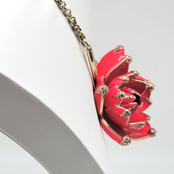 Roberto Cavalli RARE Bright Red Enamel Lotus Flower Statement Necklace - Picture 6 of 14